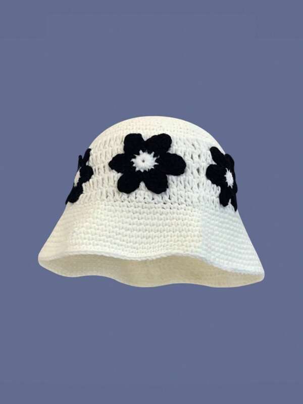 1pc Women's Floral Knitted Bucket Hat, Hyuna Style, Fresh Handmade Crochet Flower Beanie, Sweet & Versatile, Suitable For Daily Wear