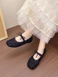 2025 Summer New Flat Breathable Mesh Mary Jane Shoes, Low Vamp Shoes, Fairy Style Matching Skirts, Women's Ballet Flats - Black - View 3