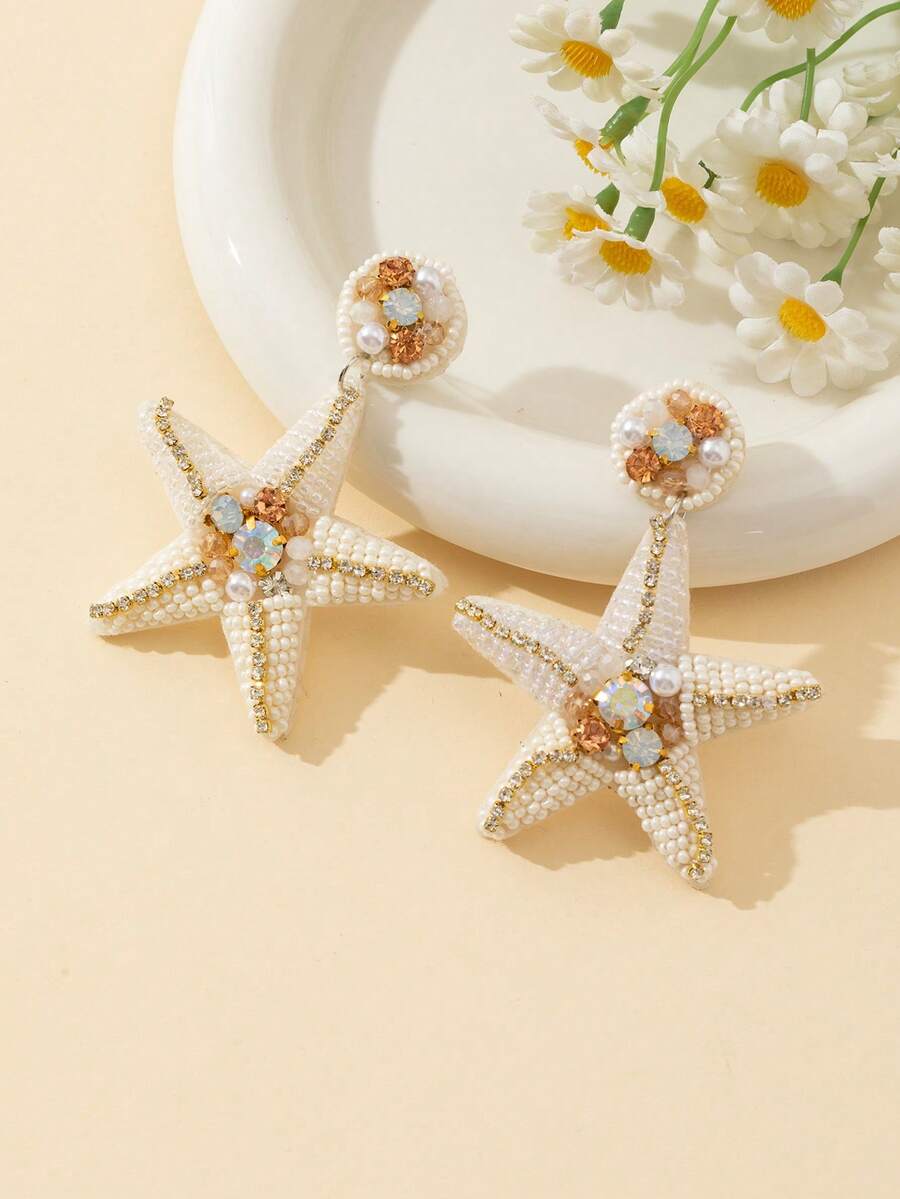 海星和珍珠水钻装饰波西米亚海滩时尚珠宝耳环女士 - 米色 - 查看 1