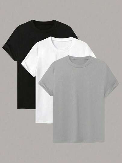 3pcs  set pack conjunto camiseta casual de mujer de unicolor, cuello redondo, manga corta, versátil