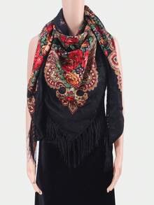 1pc Women's Autumn/Winter Bohemian Style Printed Square Scarf, Large Size Tassel Shawl Wrap Handkerchief, Multi-Scenario Use - Multicolor - View 4