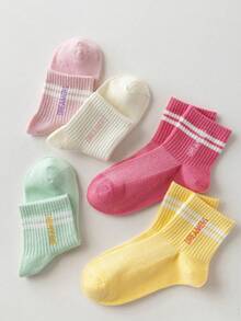 5 双儿童字母印花纯色运动短袜，适合春夏季，4 季，尺码：(2-3)、(3-8)、(8-12)、(12-16) 岁