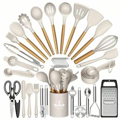 44-Piece Wooden Handle Silicone Kitchenware Set Storage Bucket Non-Stick Shovel Spoon Cooking Set