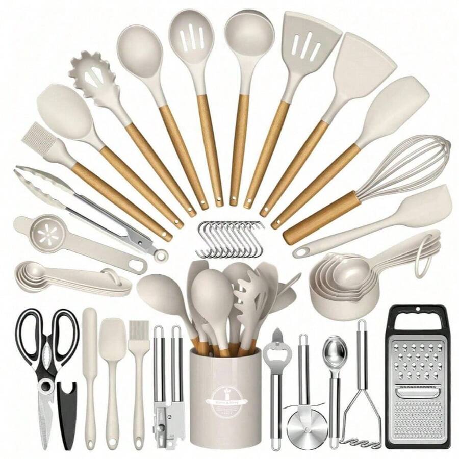 44-Piece Wooden Handle Silicone Kitchenware Set Storage Bucket Non-Stick Shovel Spoon Cooking Set - Khaki - View 1