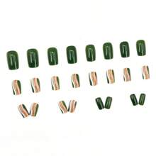 24PCS Green Glitter Wave Line Press-On Nails, Reusable, Minimalist Chic Design For Daily/Party Looks, 2025 Fashionable Nail Art (High-End Aesthetic, Easy Apply)