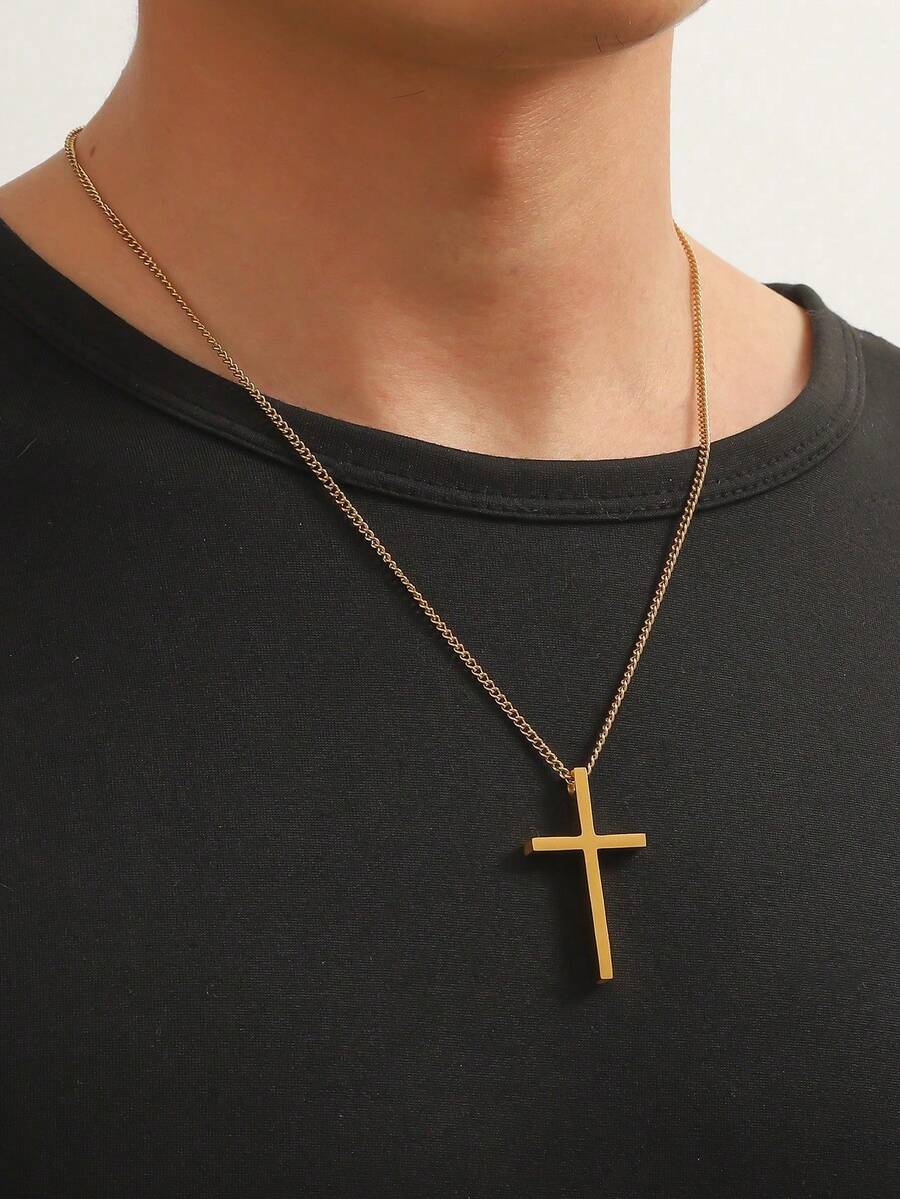 1pc Thick Cross Pendant Necklace, Suitable For Daily Wear - Yellow Gold - View 1