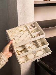 3 Tier Jewelry Box, Polished Plastic Desktop Organizer With Velvet Lining, Crystal Handle, Rectangular, Jewelry Storage Organizer, Home And Kitchen Multi-Purpose Organizer, Classic Style, Halloween Gift Ideas, Jewelry Boxes - Multicolor - View 3