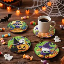 5D 钻石画艺术套装，万圣节南瓜系列杯垫，DIY 钻石马赛克，钻石艺术杯垫，水晶钻石贴纸杯垫带支架 6 件套，理想礼物 - 綠色 - 查看 4