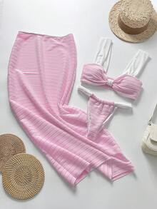Bộ bikini đi biển gợi cảm 3 món dành cho nữ, màu vàng tươi sáng, kiểu áo quây kèm váy khoác ngoài, thích hợp cho kỳ nghỉ, lễ Phục sinh, lễ hội, dã ngoại, hẹn hò, phù hợp với mọi trang phục nữ, mùa thu hè, màu hồng. - Hồng - Xem 3