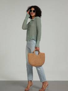 Se-Hore Mode Décontractée Cardigan Tricoté à Col Polo Manches Longues Ajouré, Polyvalent Pour Trajets Quotidiens/Rétro Américain/Loisirs Confortables, Automne