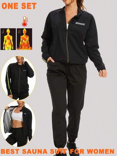 1Set Women's Sauna Suit Heat Trapping Zipper Sweat Zipper Jacket Workout Pants Heat Trapping Sauna Shirt 2 Pockests Trousers For Gym Exercise