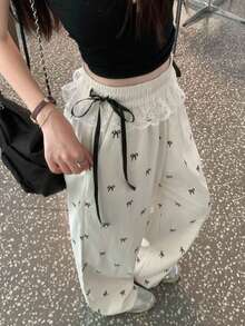 甜辣蕾丝拼接休闲裤，腰部蝴蝶结设计，宽松阔腿裤，夏季女士 - 杏色 - 查看 1