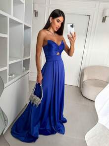 Women's Long Dress With Padded Cups - For Parties And Special Events - Azul - Ver 2