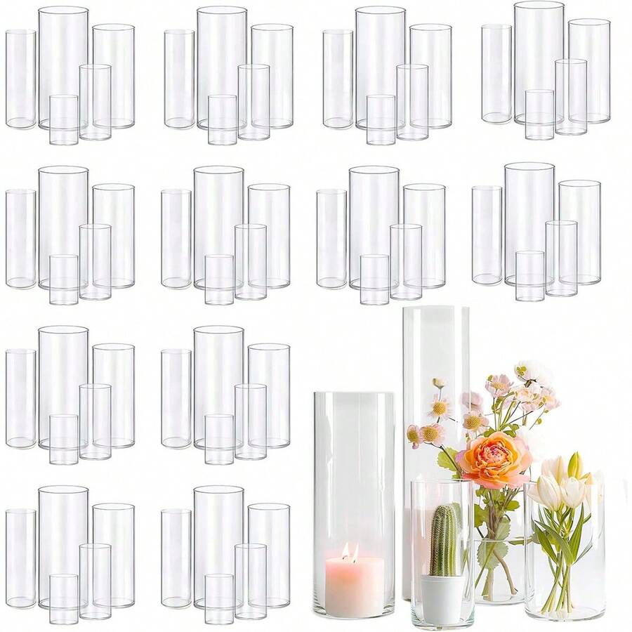 Juego de 3/6/10 jarrones cilíndricos de vidrio tipo muñeca rusa, soporte para velas tipo huracán para velas de pilar o flotantes, jarrón alto transparente para centro de mesa, jarrón redondo para decoración de mesa en bodas, aniversarios y eventos en el hogar, decoración de habitación, florero de vidrio