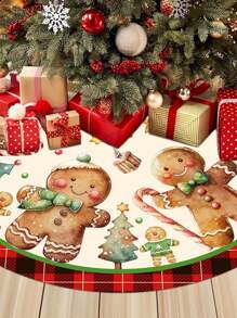 Fustă de brad de Crăciun, model drăguț cu omuleț de turtă dulce și garnitură în carouri roșii, pânză decorativă pentru brad de Crăciun, decor pentru casă pentru petrecerea de Crăciun