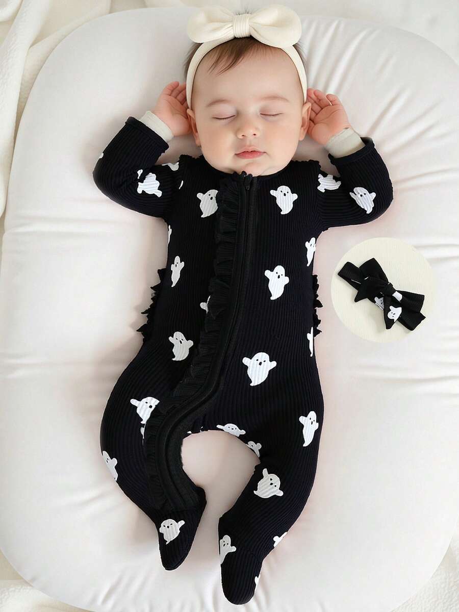 My First Halloween Baby Girl Outfit Romper Ruffles Ghost Print Zipper Long Sleeves Jumpsuits Cute Clothes - 黑色 - 查看 1