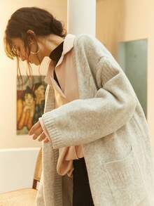 Knit Mix 优雅法式长款针织开衫，女款休闲秋冬毛衣外套，纯色百搭时尚外套秋冬 - 淺灰色 - 查看 1