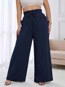 Plus Size High Waisted Wide Leg Pants For Women - Navy Blue Flowy Drawstring Pants With Side Pockets, Comfortable Wrinkle-Resistant For Fall Winter Lounge & Vacation - Navy Blue - View 2
