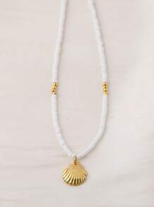 1pc 2025 Summer Beach Small Rice Pearl Necklace With Miniature 18K Gold Plated Stainless Steel Seahorse, Shell, And Starfish Pendant For Women, Casual And Resort Wear