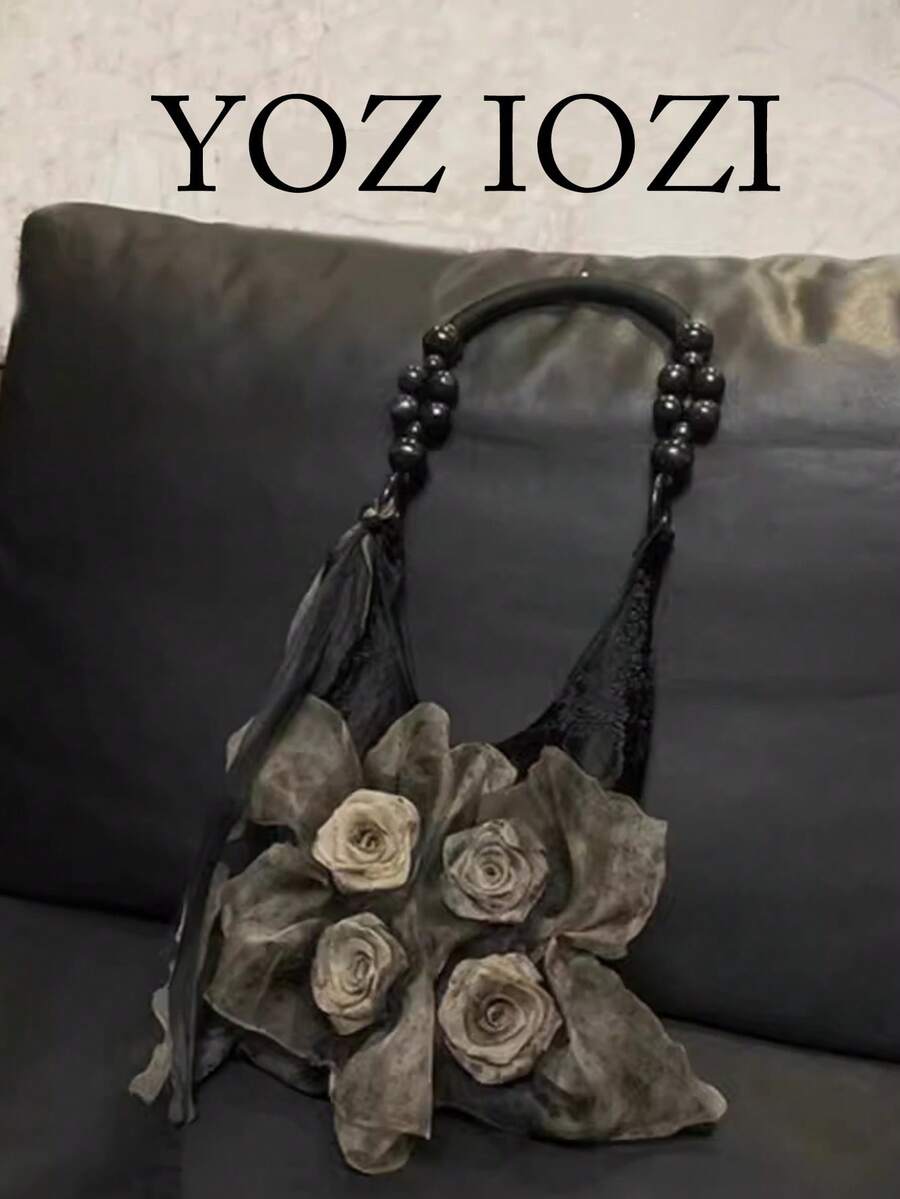 Vintage Chinese Style Batik Rose Flower Pleated Underarm Commute Tote Bag, Large Capacity Shoulder Handbag For Daily Use - Black - View 1