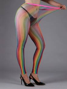 1 件性感彩虹条纹渔网镂空网眼紧身裤，紧身款 7/8 长度紧身裤，Y2K 风格，百搭 - 彩色 - 查看 4