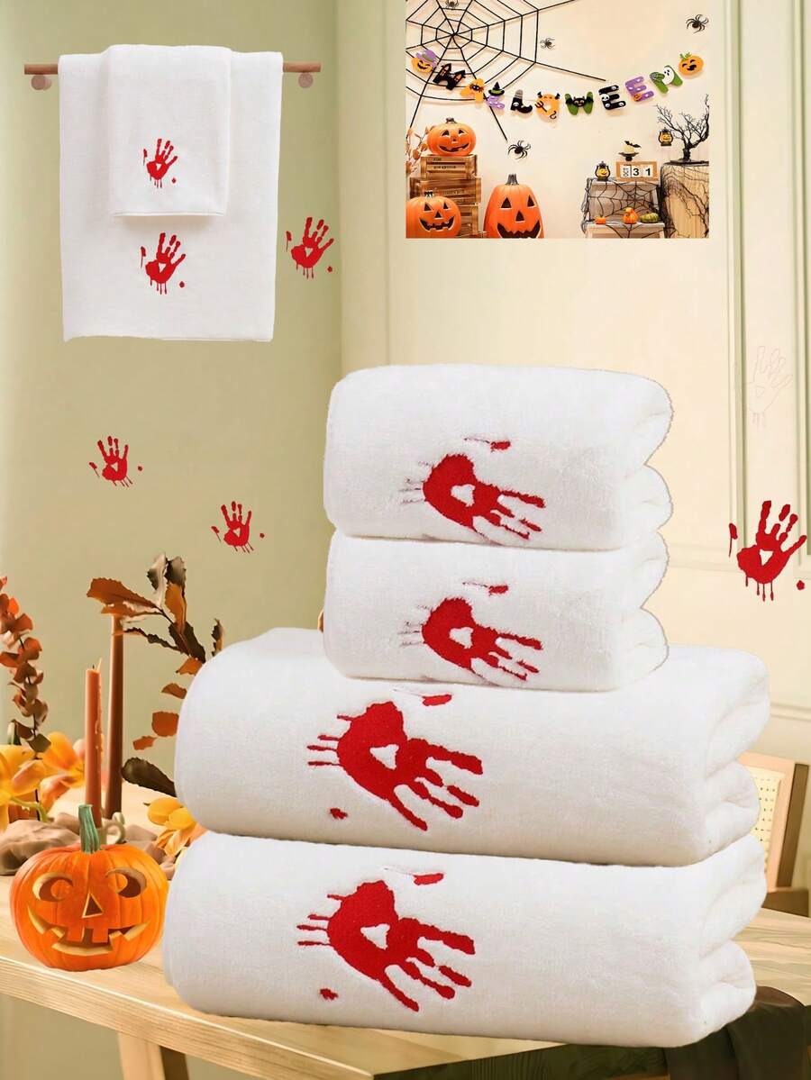 1/3 Stück Halloween Korallenfleece Blut-Handabdruck Herbst dekorative bestickte Handtücher oder Badetücher, Feiertags-Geschenk, Frohe Halloween, Feiertags-Dekor Dusch-Handtücher für Schönheitssalon, Hotel Sport, Zuhause Essentials, Handtuch, Hautpflege Badetuch