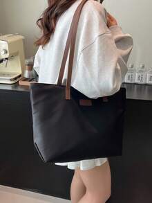 女士笔记本电脑商务办公包，电脑单肩包女士手提包休闲包，大容量拉链钱包托特包女士单肩斜挎包购物旅行工作包，纯色简约大容量单肩托特包，字母图案装饰设计托特包，女生包包，商务通勤包，尼龙防水包，适合购物、上班通勤、节日、聚会和外出游玩。 - 黑色 - 查看 7