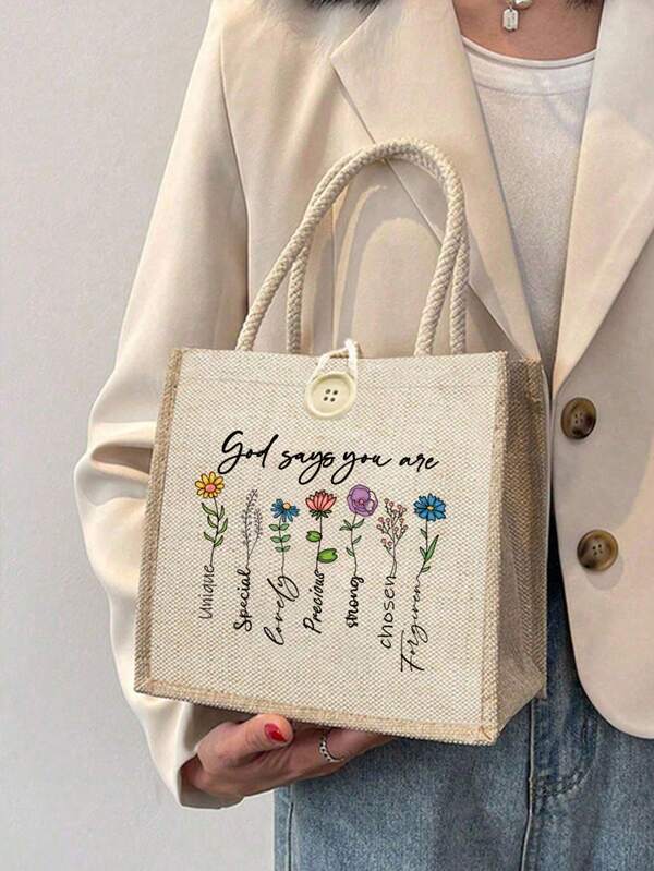 Simple Printed Linen Tote Bag, Suitable For Travel, Gifting, Button Decor Shopping Bag, Dual Handle Handbag, Reusable, Suitable For Weddings, Birthdays, Beaches, Festivals, Also Suitable For Graduates, Teenagers, Freshmen, Sophomores, College Students, High School Students, Outdoor, Travel And Back To School Season
