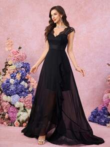 Women's Sweetheart Collar Lace Patchwork Solid Color Chiffon Waist Slit Ruffle Hem Elegant Bridesmaid Dress - Black - View 5