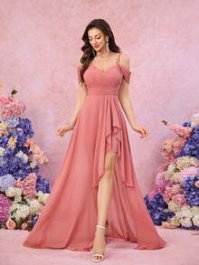 女士细肩带纯色雪纺腰部褶皱不对称荷叶边下摆优雅伴娘礼服 - 藕粉 - 查看 3