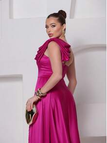 Long Dress For Bridesmaid – One Shoulder With Ruffle And Slit Elegant Simple Elegant Party Satin Side Opening Zipper Pleated Bridesmaid Civil Wedding Debutante Graduate Formal And Evening - 玫瑰紅 - 查看 6