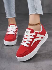 Skate Shoes! Women's Casual Sports Shoes, Breathable Mesh Lining, Pu Leather Shell, Letter Decoration, Stable Flat Bottom, Fashionable Versatile Chinese Red Shoes, Lightweight Design Without Tiredness
