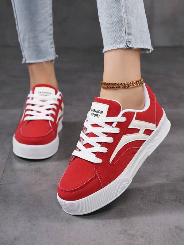 Skate Shoes! Women's Casual Sports Shoes, Breathable Mesh Lining, Pu Leather Shell, Letter Decoration, Stable Flat Bottom, Fashionable Versatile Chinese Red Shoes, Lightweight Design Without Tiredness