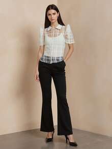 Amyenjoylife 现代菲律宾风衬衫，蝴蝶袖菲律宾风女式镂空上衣，透气条纹镂空翻领衬衫，女式衬衫，感恩节白色上衣 - 白色 - 查看 5