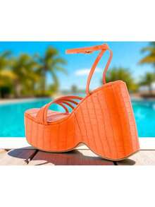 Women's Orange Crocodile Embossed Platform Open Toe Wedges | Y2K Chunky Strappy Vegan Sandals - trái cam - Xem 9