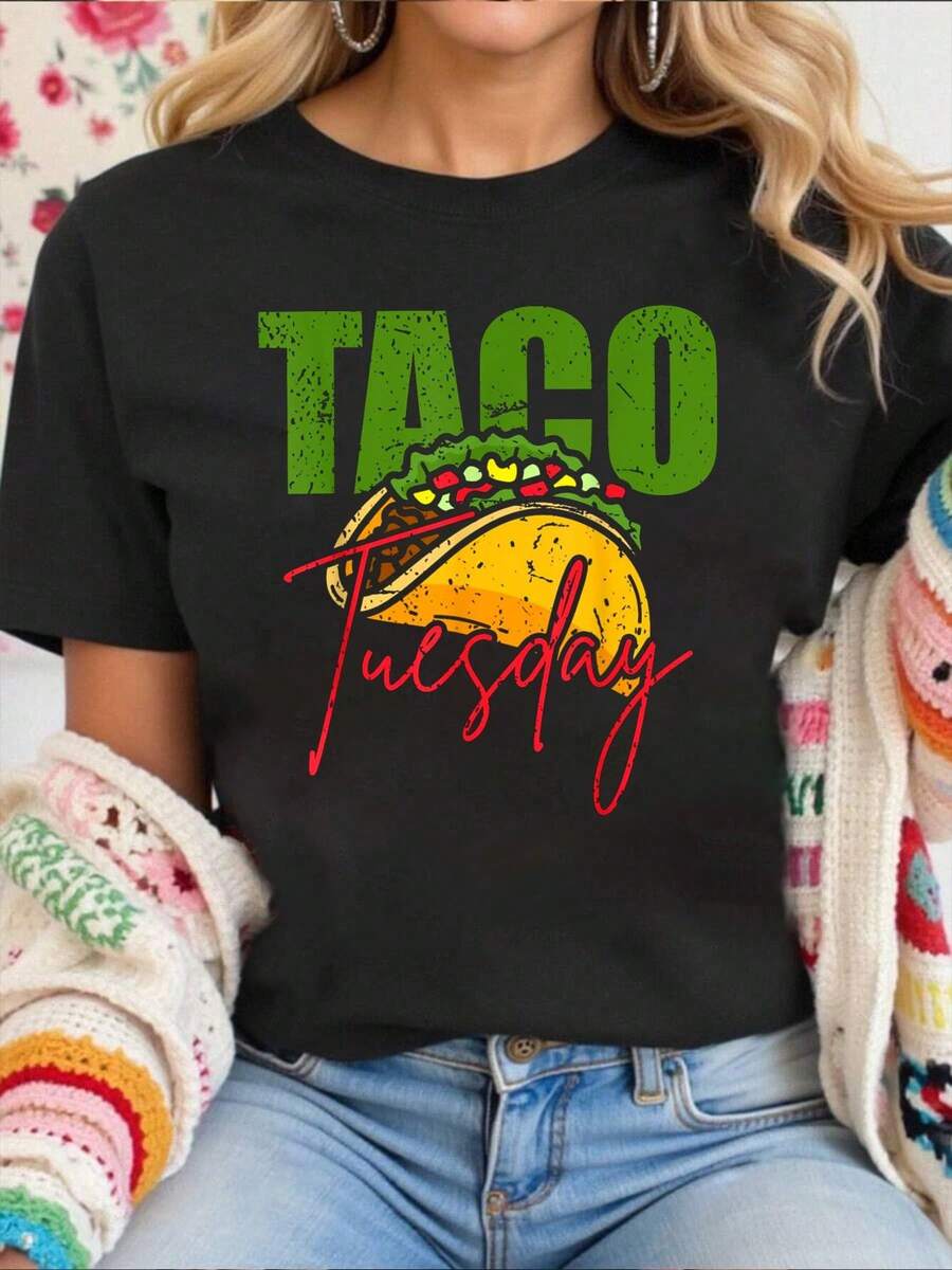 Women Cotton Tshirt Funny Mexican Taco Lover Taco Tuesday Foodie Mexico Taco T-Shirt Comfort Tshirt Women - 黑色 - 查看 1