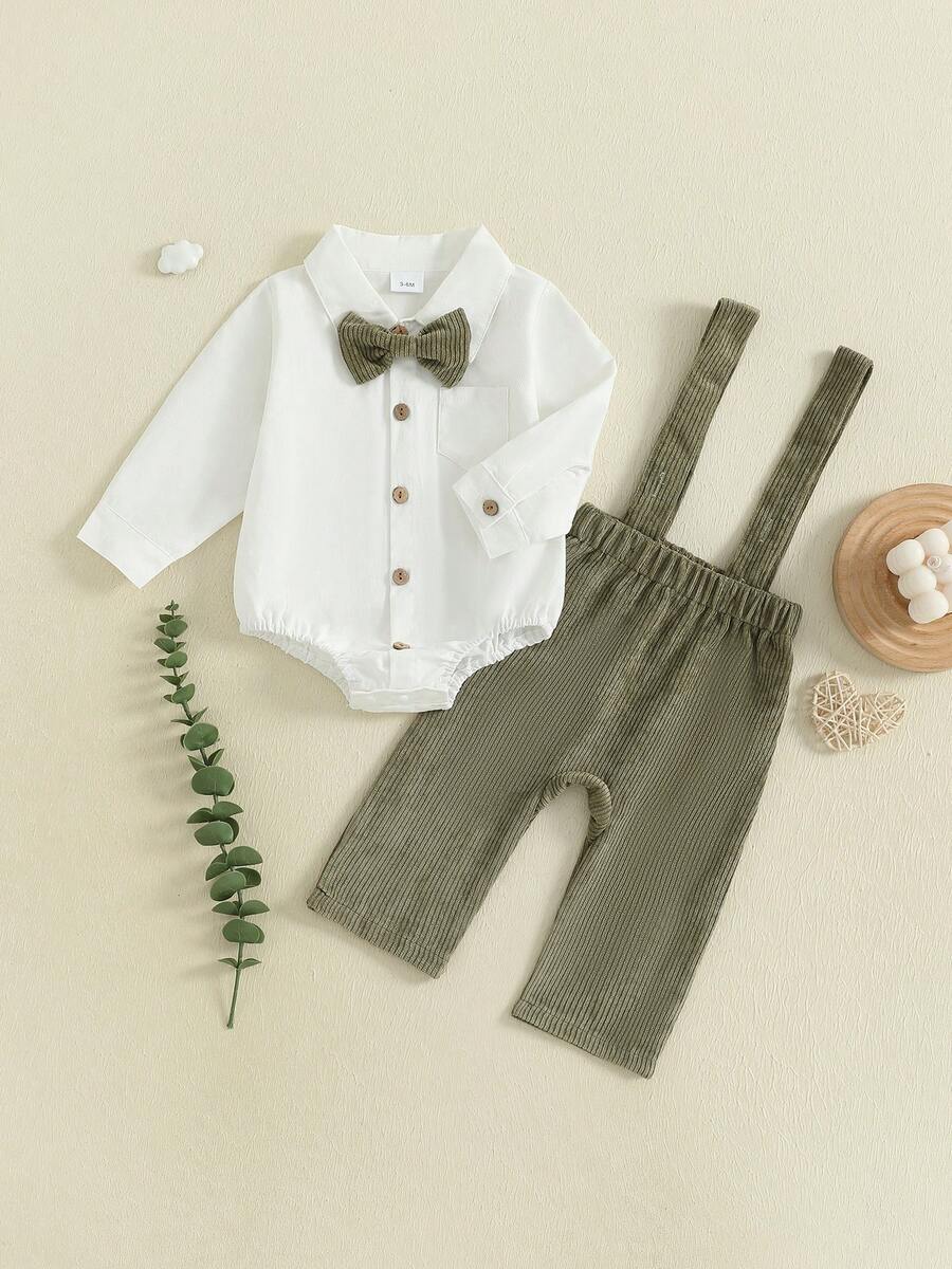 Conjunto de caballero para niño pequeño, camisa abotonada de color sólido, mono con pajarita y pantalones con tirantes para uso formal - Blanco - Ver 1