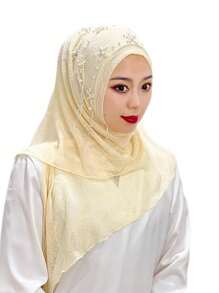 1pc Malaysian Tasseled Solid Color Beaded Floral Shawl Scarf Head Wrap, Elastic Turban Style, Muslim Headwear