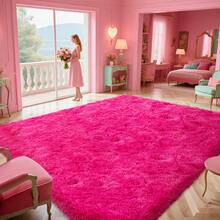 Alfombra peluda ultrasuave para sala de estar y dormitorio, extragrande, con base de goma antideslizante y 4 almohadillas autoadhesivas, 100 % poliéster, bordes cosidos resistentes, ideal como regalo de Navidad. - Rosa Fucsia - Ver 3