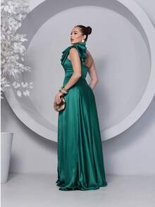 Long Dress For Bridesmaid – One Shoulder With Ruffle And Slit Elegant Simple Elegant Party Satin Side Opening Zipper Pleated Bridesmaid Civil Wedding Debutante Graduate Formal And Evening - 翡翠綠 - 查看 3