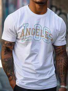 T-Shirt Camiseta Playera Tela Suave y Elástica, Cuello Redondo Casual, Manga Corta, Ajuste Regular- Ropa de Fin de Semana para Hombres - Todo el Año, Diaria y Casual con Estampado Gráfico de LOS ANGELES VERDE - Blanco - Ver 1