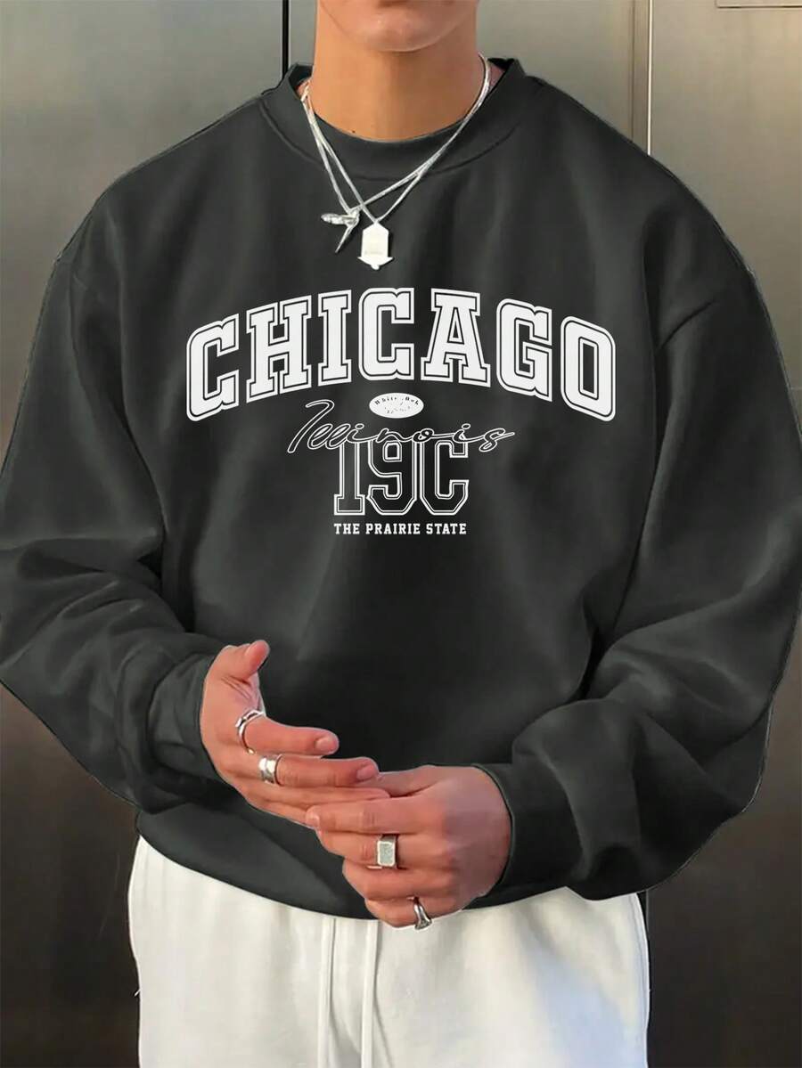 Áo sweatshirt nam cổ tròn kiểu Mỹ cổ điển in chữ hoa | In chữ Chicago | Phong cách đường phố thường ngày | Thích hợp mặc nhẹ nhàng hàng ngày vào mùa xuân và mùa thu