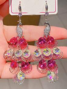 1 对孔雀仿水晶耳环，简约色彩动物耳坠，轻盈奢华小众百搭 - 藍色 - 查看 5