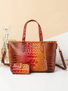 Classic Elegant Women's Bag Set,Fashionable Large Capacityr Bag Single Shoulder Bag,Crocodile Pattern Tote Bag,Light Luxury High-End Real Texture Crocodile Pattern Handbag - 3#橘子+紅 - 查看 1