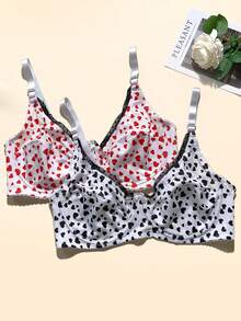 3 pièces Soutien-gorge pour femmes de grande taille avec décoration en nœud, imprimé cœur, armatures, bretelles réglables et garniture en dentelle - Multicolore - Voir 5