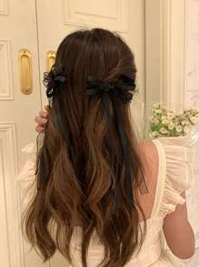 6pcs/2pcs Black/Beige/Pink 27cm/10.62in Extra Long Lace Mesh Ribbon Bow Hair Clips, Elegant Cute Simple Fashion Streetwear High-End Satin Lace Mesh Bow Retro Palace Style Minimalist, Suitable For Women Daily Decoration, Hairstyling, Makeup, Commute, Vacation, School, Party, Holiday, Gift, Claw Clips, Hair Claws, Hair Slide, Hair Barrettes, Alligator Hair Clip, Fall, Black Accessories, Winter Outfit For Women, Bows