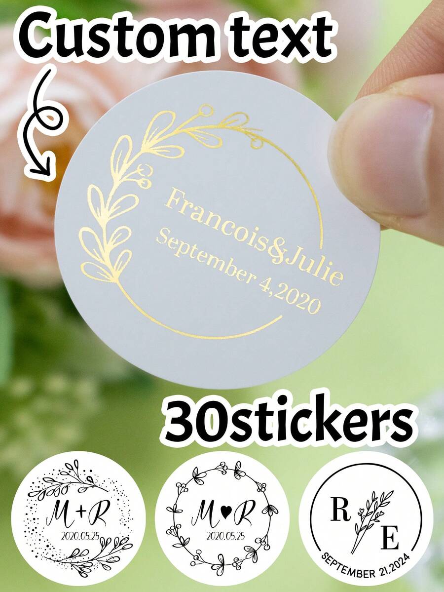 30-240Pcs Custom Wedding Stickers, Personalized Name Label Stickers, Customized Text Round Stickers, Customizable Thank You Stickers, Black Gold Vinyl Stickers For Birthday Party Decorations, Anniversary Gift Boxes - Style a - View 1