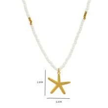 1pc 2025 Summer Beach Small Rice Pearl Necklace With Miniature 18K Gold Plated Stainless Steel Seahorse, Shell, And Starfish Pendant For Women, Casual And Resort Wear