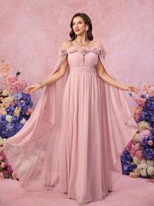 SUPGIR Abito da sera plissettato in chiffon a line con spalla scoperta, maniche a campana, decorazione floreale sul busto e vita