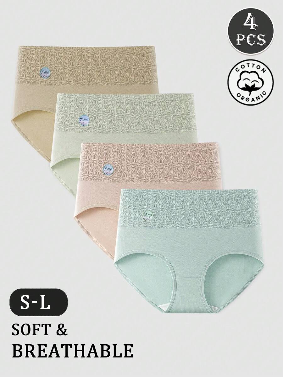 4 peças/pacote Calcinha Feminina de Cintura Alta, Design Elegante Sólido e Listrado Confortável e Amigável à Pele com Entrepernas Estendida